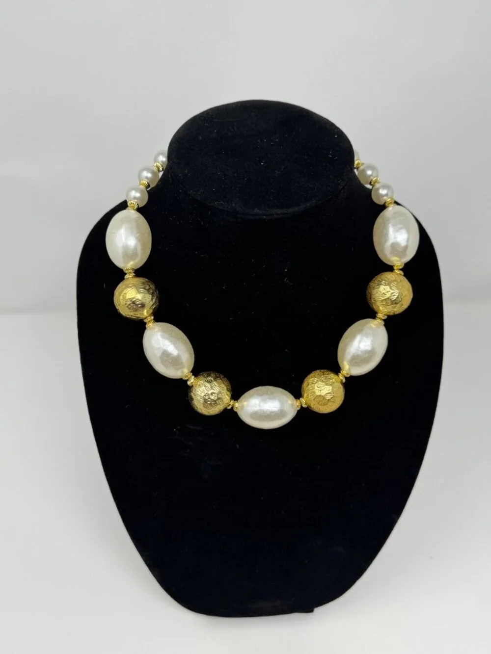 Lot of 2 Vintage Lucite Faux Pearl Statement Necklaces Gold Accent Chunky 18